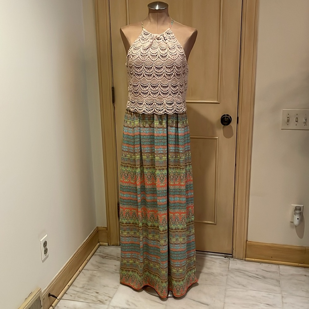 KENJI Granola Girl Festival Boho Print Tan Crochet Halter Top Multicolor Maxi 8